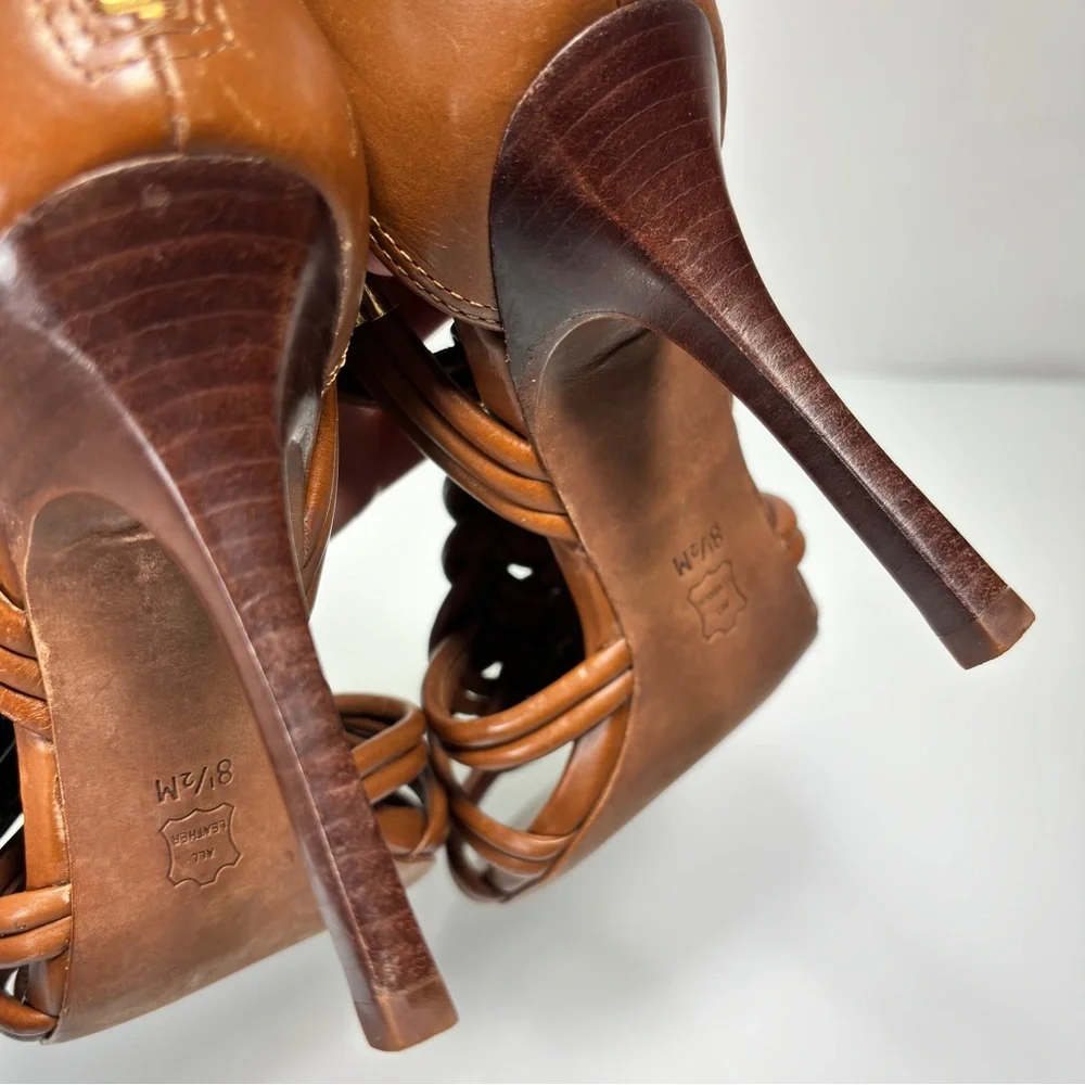 Tory Burch Brown Strappy Braided Leather Heels Size 8.5